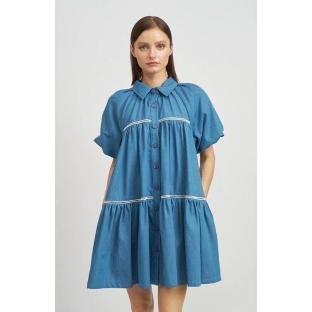 En Saison Tara Tiered Cotton Trapeze Shirtdress In Chambray Blue Size XS